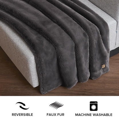 UGG 16802 Euphoria Plush Faux Fur Reversible Throw Blanket for Luxury Hotel Style Couch or Bed Blankets Cozy Machine Washable Luxurious Fuzzy Fluffy Sofa Throws, 70 x 50-Inch, Charcoal