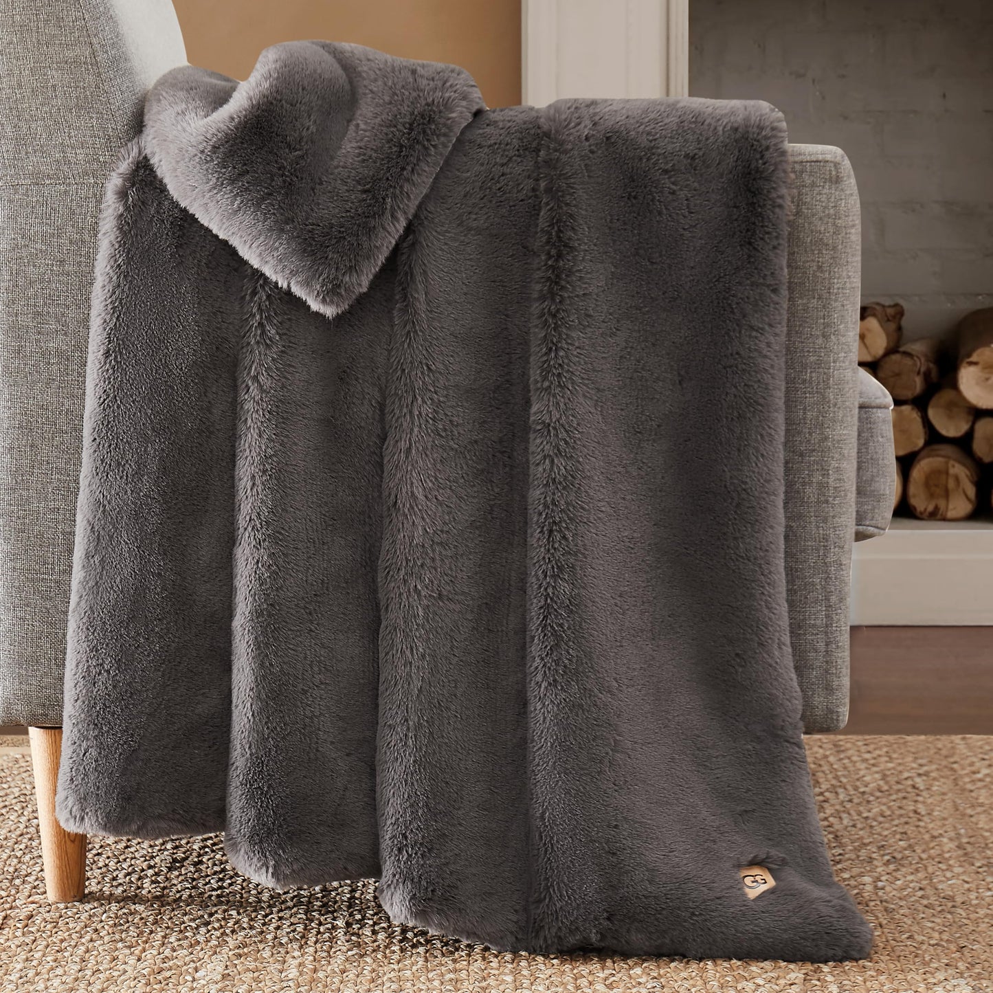 UGG 16802 Euphoria Plush Faux Fur Reversible Throw Blanket for Luxury Hotel Style Couch or Bed Blankets Cozy Machine Washable Luxurious Fuzzy Fluffy Sofa Throws, 70 x 50-Inch, Charcoal